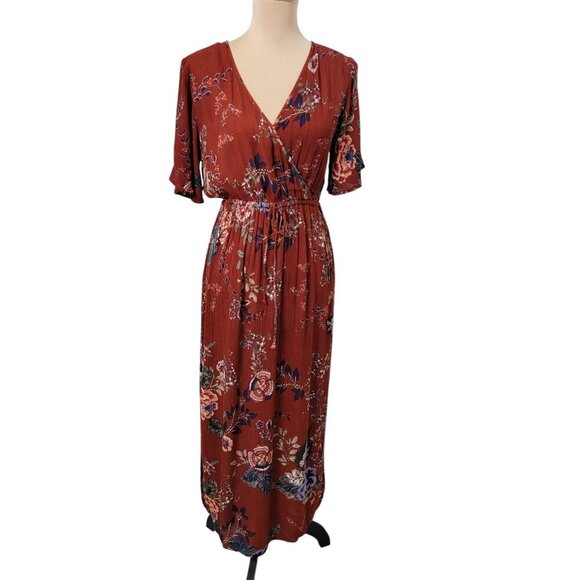 Patrons of Peace Size S Rust Colored Floral Pattern Crepe Fabric Maxi Dress - Picture 1 of 11